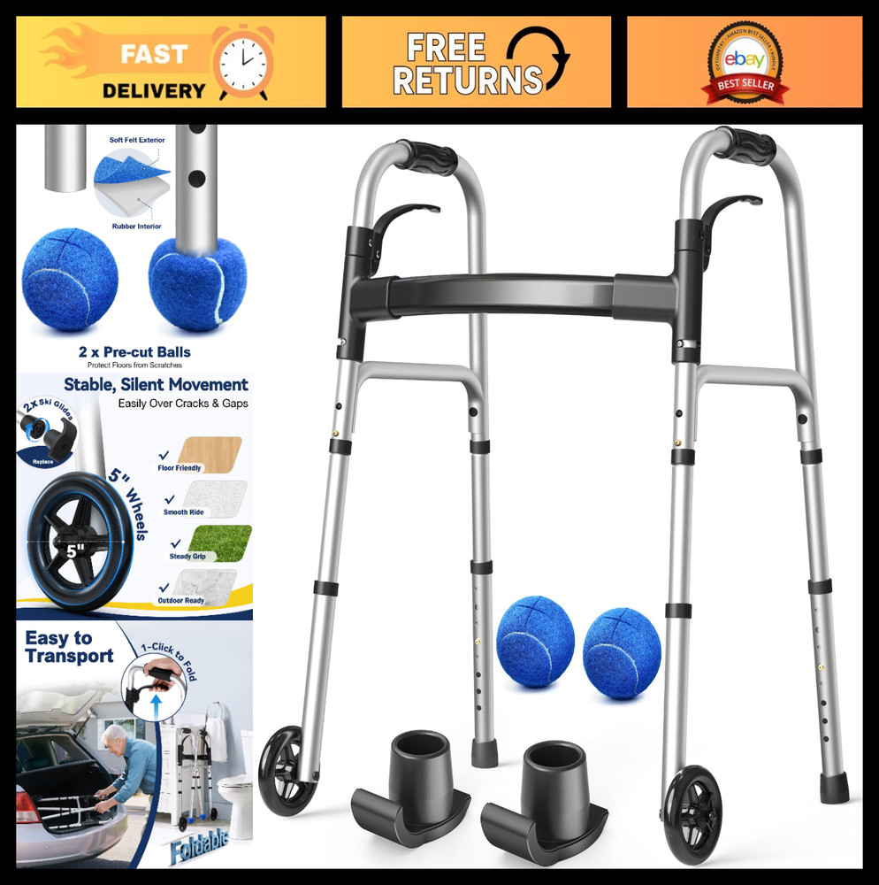 Lightweight Folding Walker with Wheels, Adjustable Height, Supports 350 lbs, Inc