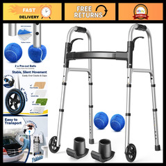 Lightweight Folding Walker with Wheels, Adjustable Height, Supports 350 lbs, Inc