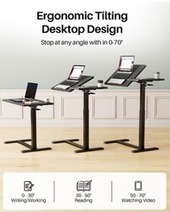 Overbed Table with Wheels, Pneumatic Lift, Foldable Top (Black)
