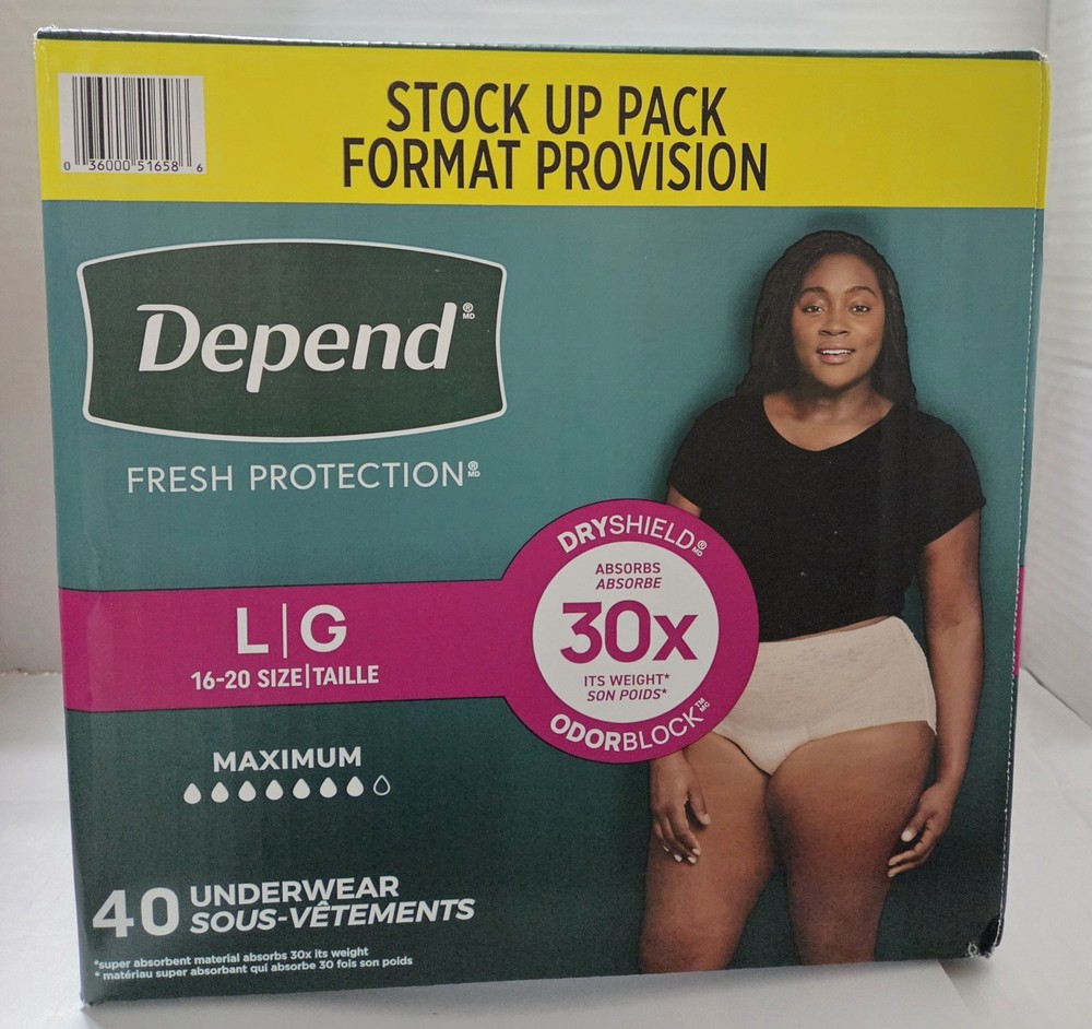 Depend Fresh Protection Women’s Underwear, Large, 40ct STOCK UP PACK NEW IN BOX