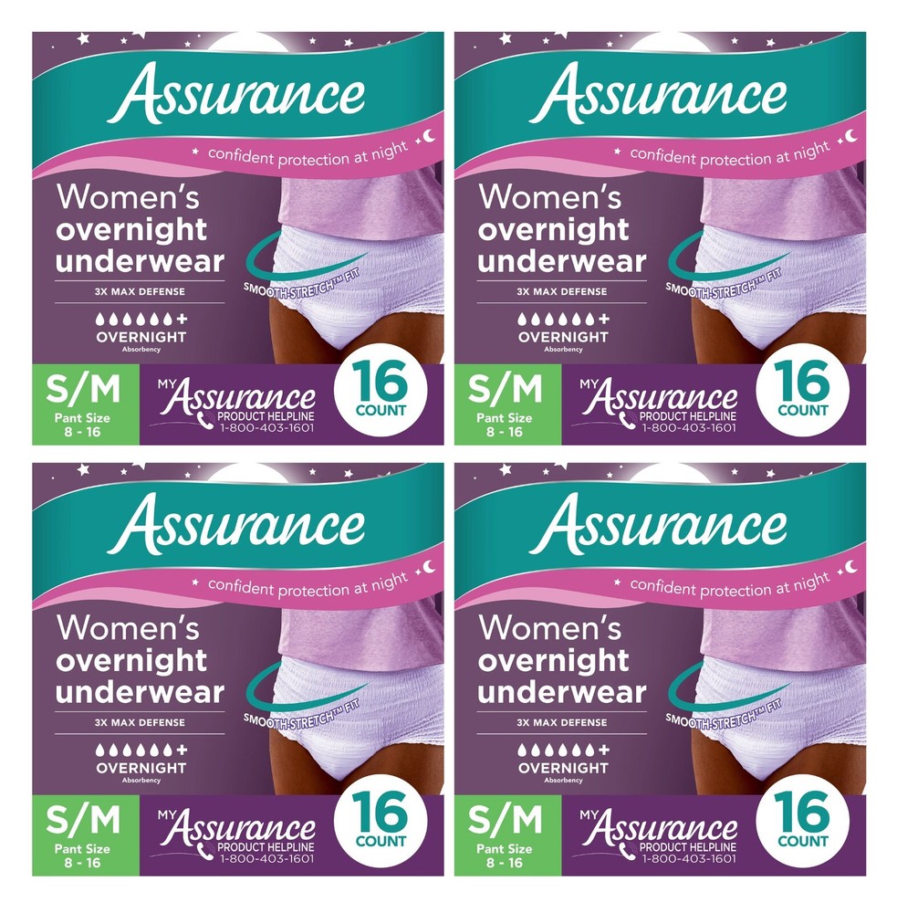 64 Count Assurance Women’s Incontinence Underwear Overnight Absorbency Size S/M