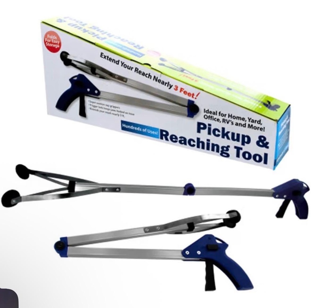 Foldable Reacher Grabber Pickup Tool, Metal & Plastic, Blue/Silver/Black
