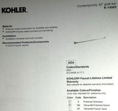 Kohler 42 inches Contemporary Grab Bar Vibrant French Gold Color 14565-AF