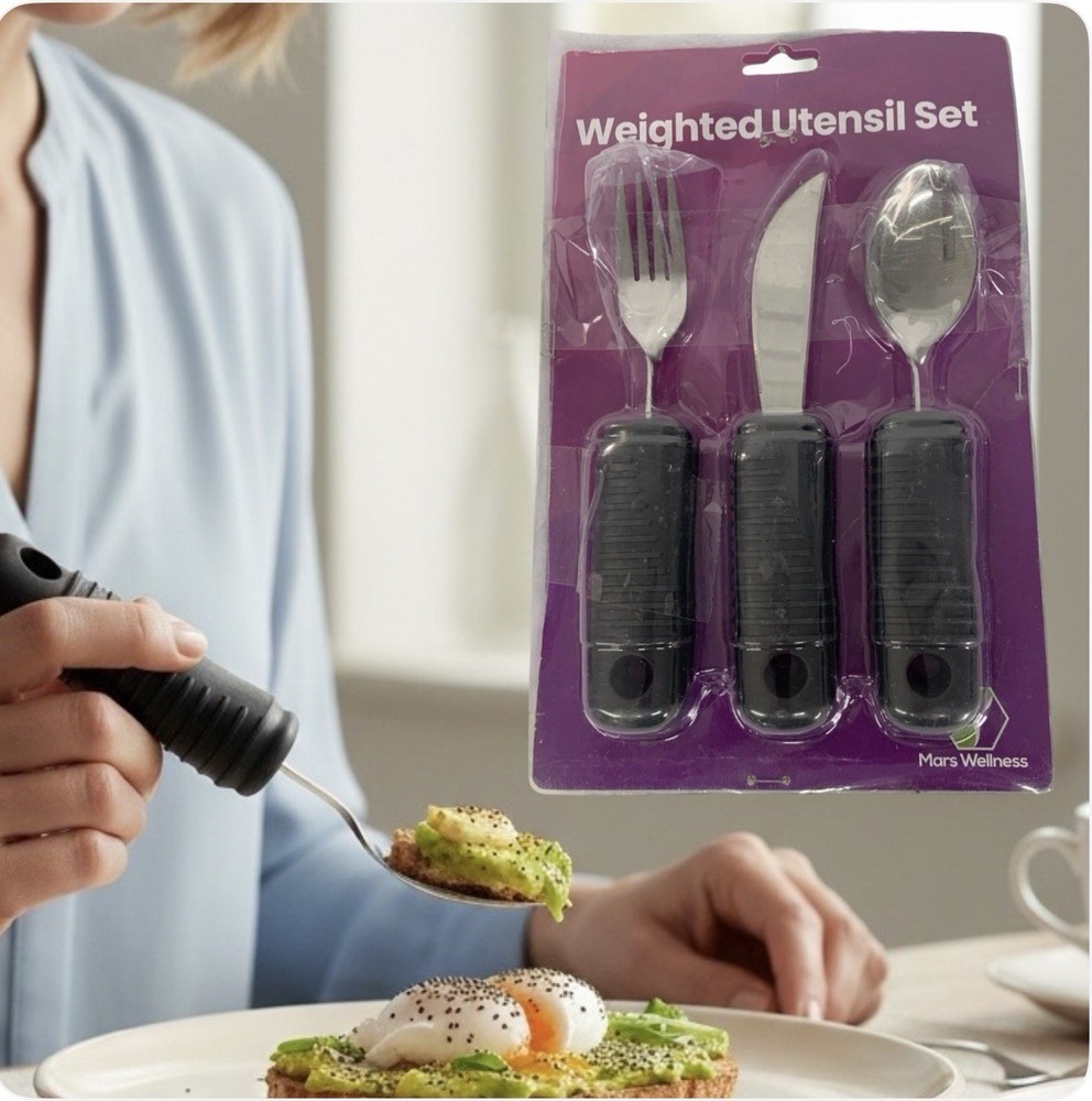 Mars Wellness Weighted Utensils Set 3 Piece Fork Knife Spoon Adaptive Heavy Duty