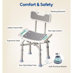 16.5 In. W Aluminum Shower Chair with Back in White, Adjustable Height, 350 Lb.