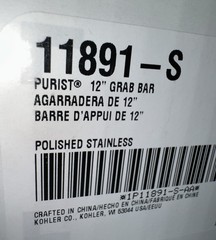 KOHLER 11891-S Purist 12” Grab Bar for Bathtubs Showers Polished Stainless NOB
