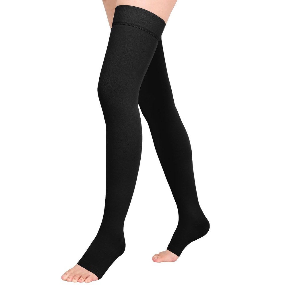 Athbavib 20-30mmHg Compression Stockings for Women and Large, Open Toe-Black