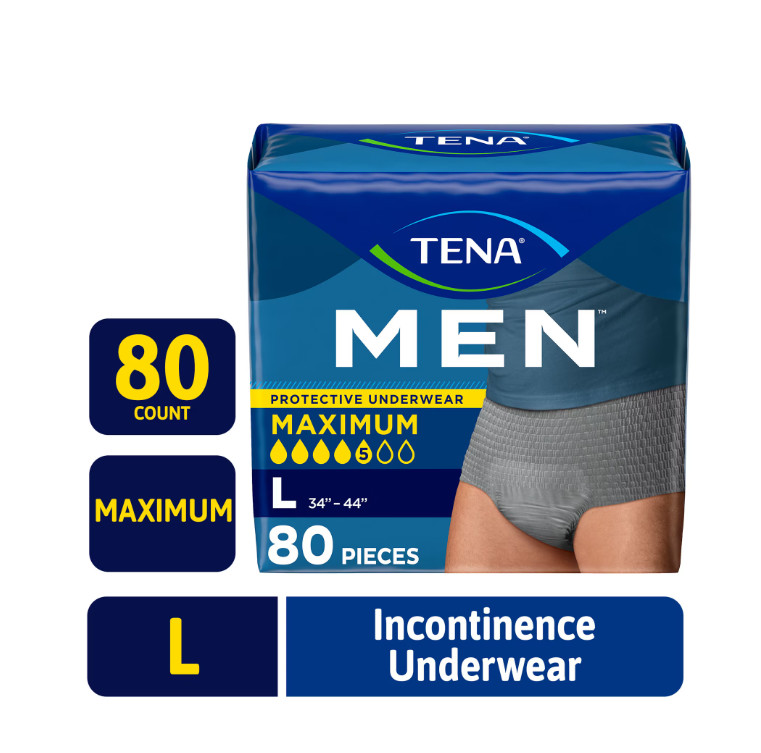 TENA Men Incontinence Underwear Maximum, L, 80 count (Waist size 34in-44in)