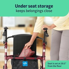 Medline Steel Rollator Walker with Seat, Burgundy, 350 lb. Weight Capacity