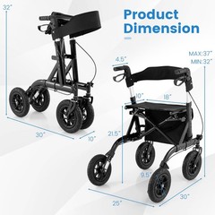All-Terrain Rollator Walker with Pneumatic Tires, Foldable, Adjustable Height, S