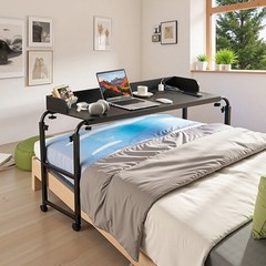 Overbed Table Mobile Bed Side Desk 4 Wheels (2 with Brakes) & Power Socket