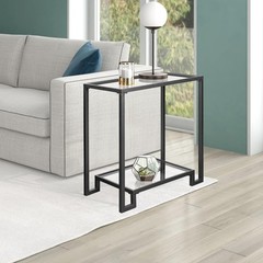 Gifttrove 2 Tier Rectangular Side Table Black End Table Glass Top Modern Metal