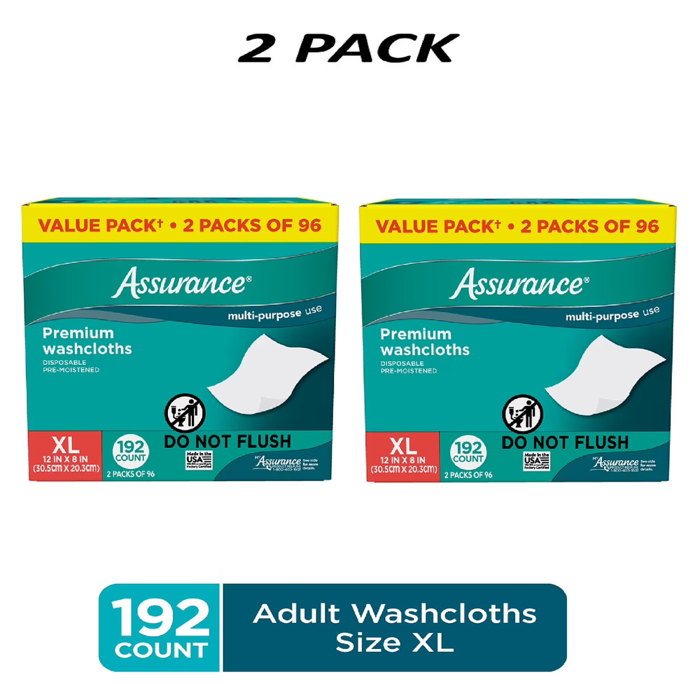 (2 Pack) Assurance Extra Large Disposable Adult Washcloths, 192 Count.