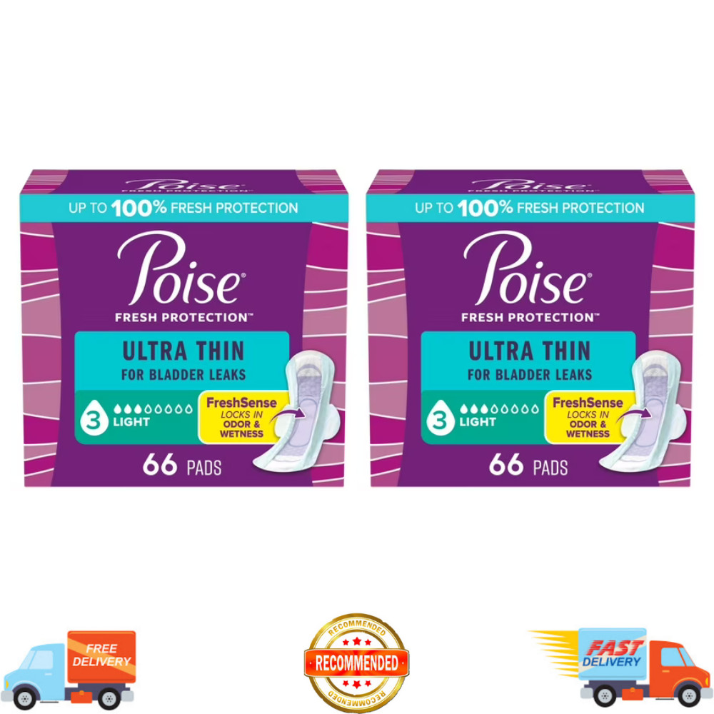 Poise Ultra Thin Incontinence Pads with Wings, Light Absorbency, 3 Drop, 132 Ct