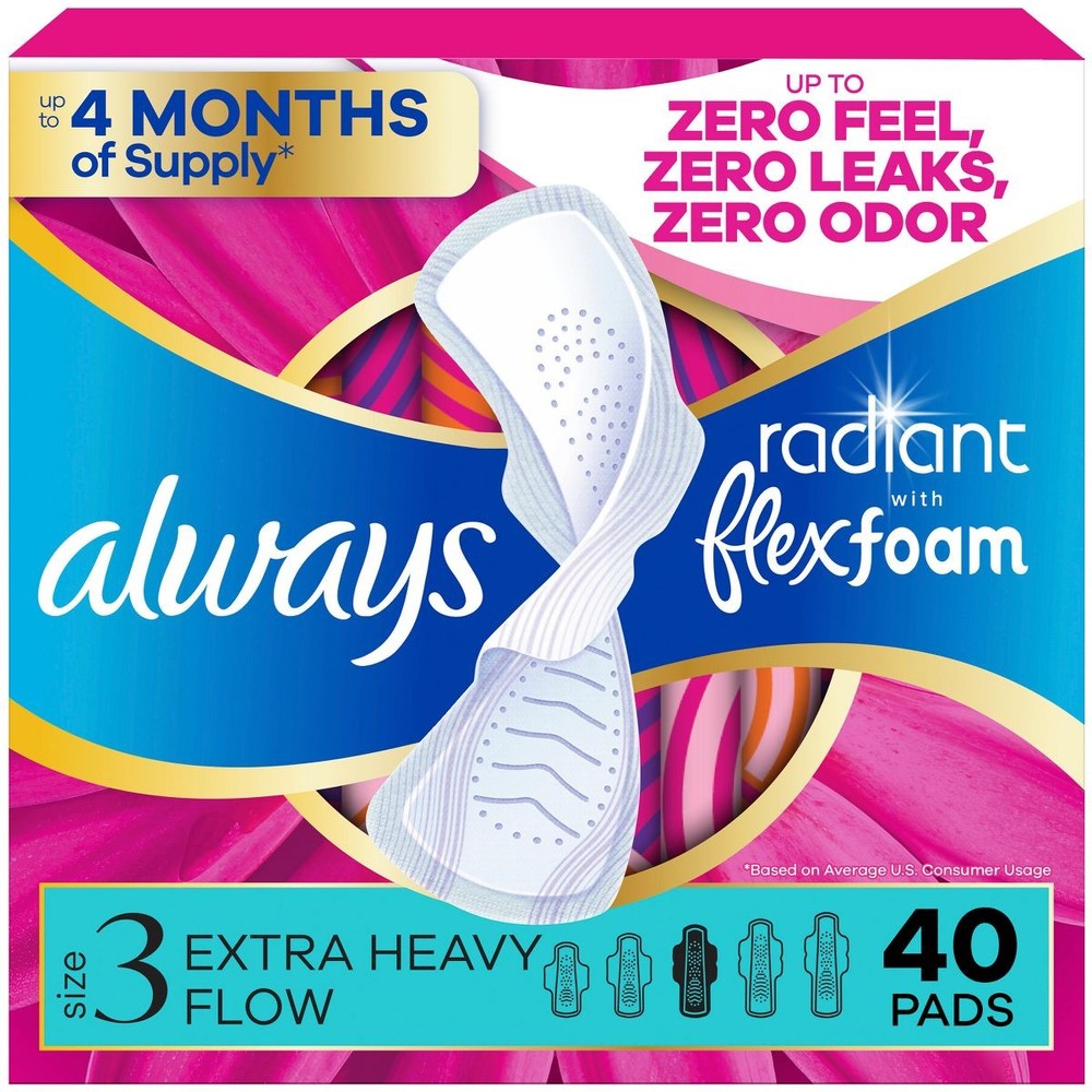 Always Radiant Extra Heavy Flow Pads with Wings – Light Clean Scent – Size3-40ct