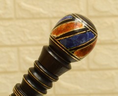 Handcrafted Ebony Wood Walking Cane 37″ Amber and Lapis Inlay Stick Round Handle