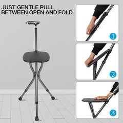 Folding Walking Cane with Seat – Adjustable Height, 440 lbs Capacity, Frosted Ha