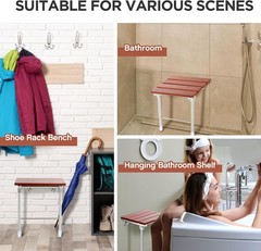 Geetery Folding Shower Seat Wall Mounted 18 Inch Wood Bench w/ Legs 400 lbs
