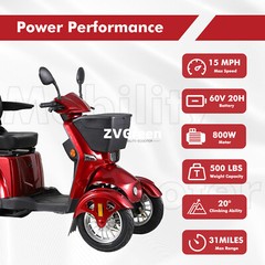 4 Weels Heavy Duty Mobility Scooters 500lbs Capacity 800W 31 miles w/Remote Key