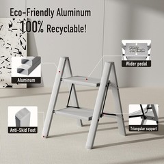 Mayi Plus 2 Step Ladder,Aluminum Folding Stool for 2 Step, Gray