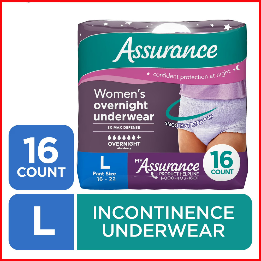 Assurance Women’s Overnight Incontinence & Postpartum Underwear, L, 16 Count