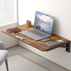 Wall Mounted Folding L30″ * W20″ Rustic Brown Desktop & Black Shelf Brackets