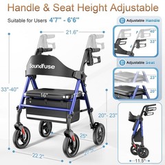 All-Terrain Rollator Walker for Seniors with Seat, 8” Wheels, Adjustable Height