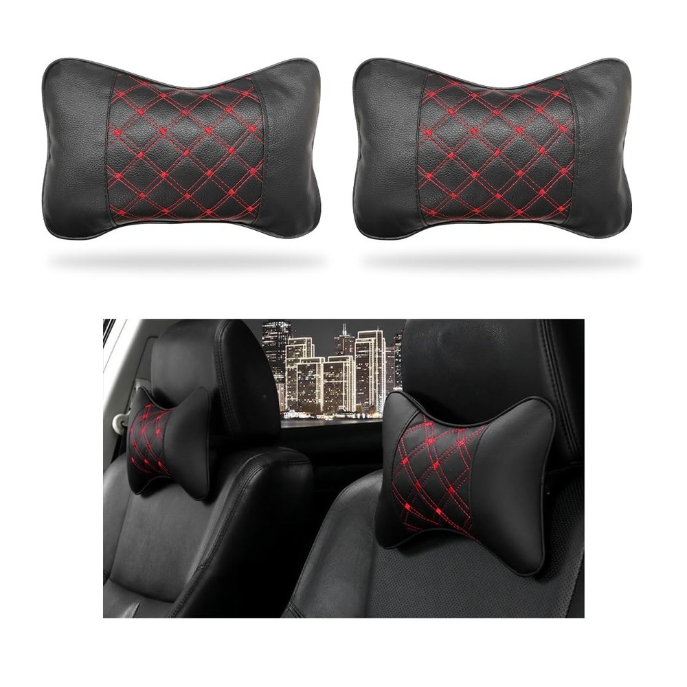 Car Neck Pillow 2PCS Leather Headrest Cushion Ergonomic Support Black Red