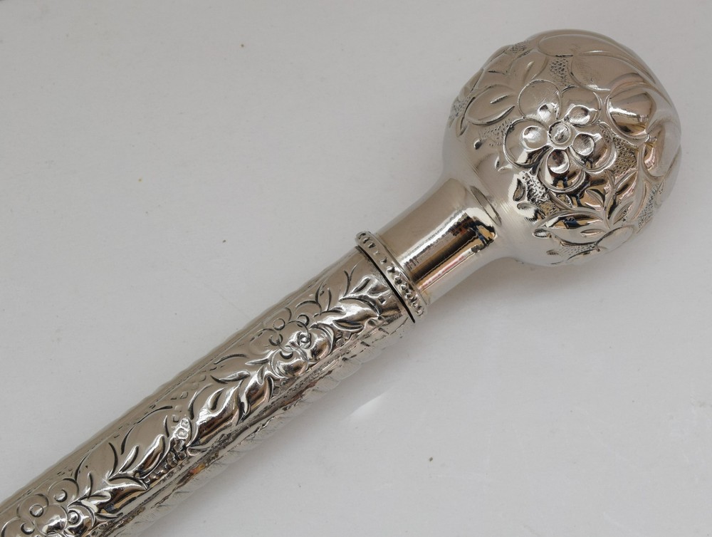 Handmade 39″ Ebony Wood Walking Stick with Silver Plated Brass Round Handle