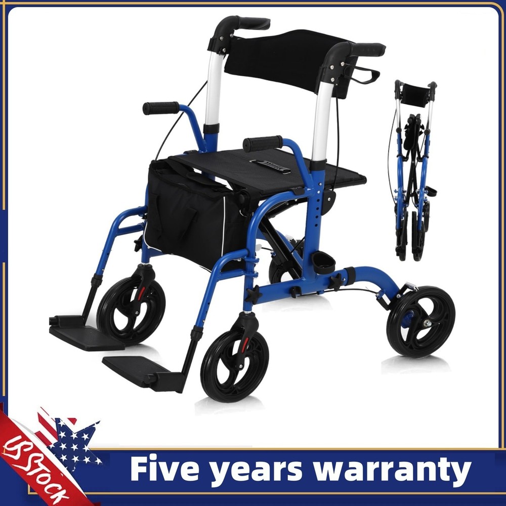 Ⓜ️Walker Wheelchair Combo Foldable Aluminum Rollator with Footrests for Seniors