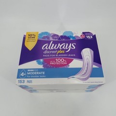 Always Discreet Plus Moderate Bladder Leak Protection Pads 153 Ct NEW