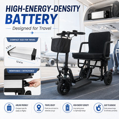 3-Wheel Folding Mobility Scooter for Adults, Electromagnetic Brake, 12AH Battery
