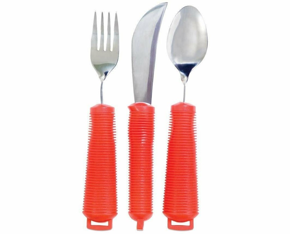 NEW 3 Piece Easy Grip Red Flatware Set, Bendable Built Up Fork, Knife, and Spoon