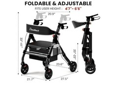 BlessReach Heavy Duty Rollator Walker For Seniors Wide Seat Backrest 450lbs Gray
