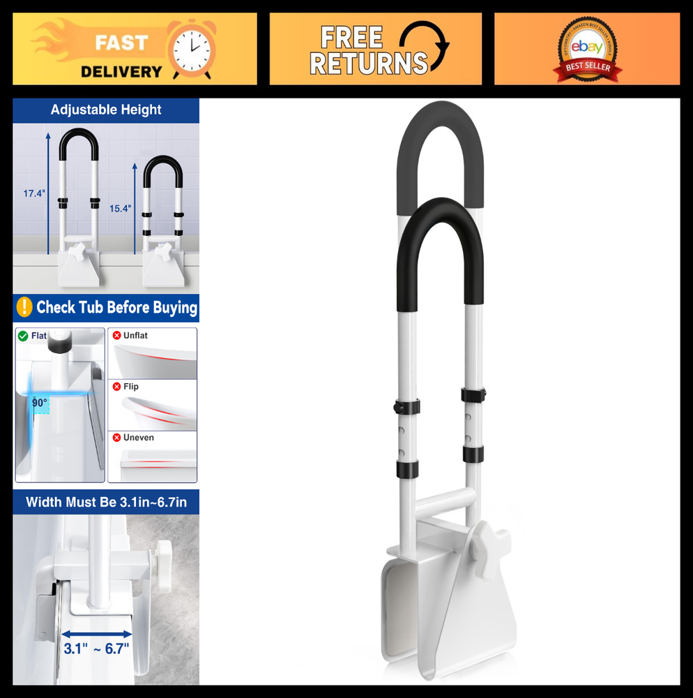 Adjustable Bathtub Safety Rail & Shower Grab Bars – Handle for Seniors & Disable