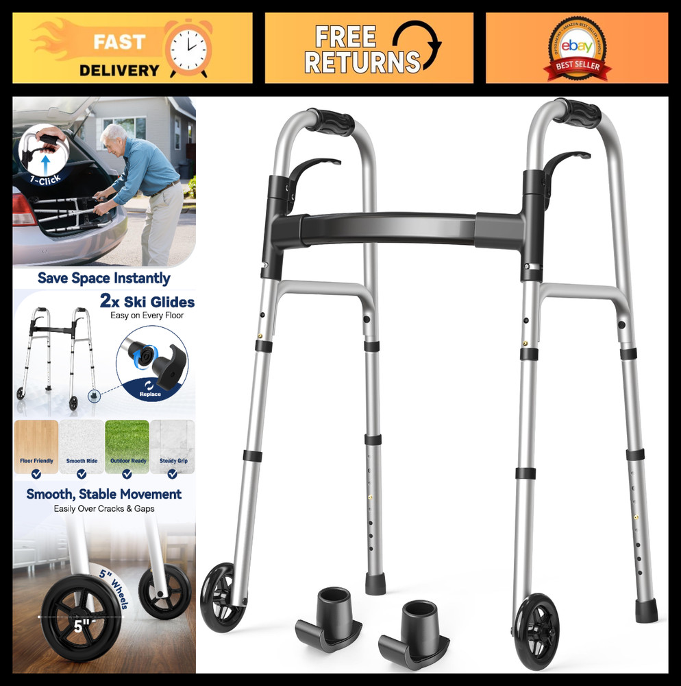 Lightweight Folding Walker for Seniors, 5″ Wheels, Adjustable Height, 350 lbs Su