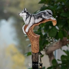 Wooden Cane Walking Stick Husky Dog Cane , Hand-painted Luxury Walking Stick