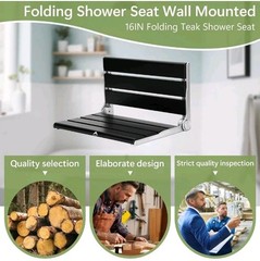 16″ Wall Mounted Shower Seat, Black Teak Fold Down Bench for Elderly, Disabled