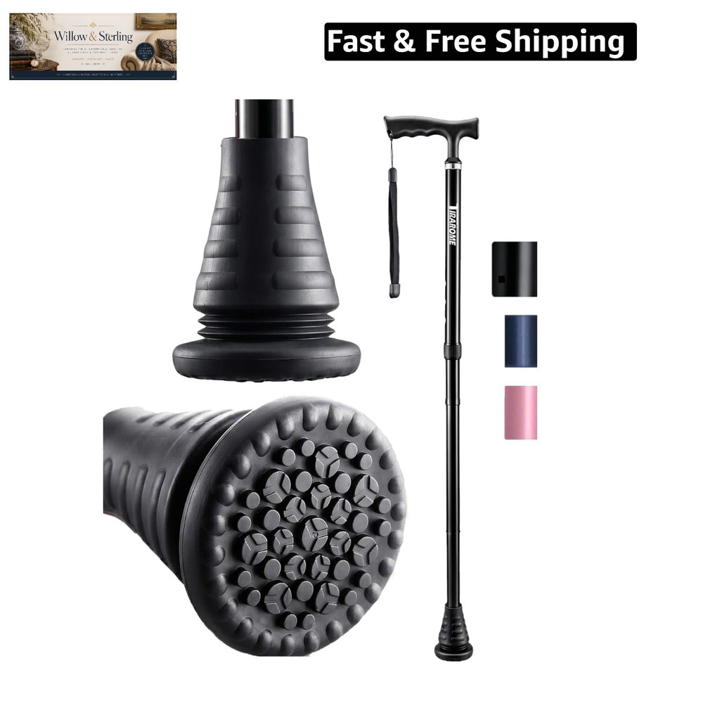 Walking Cane – Collapsible, Rubber Handle, Shock Absorbing Base, 8-Level Heig…