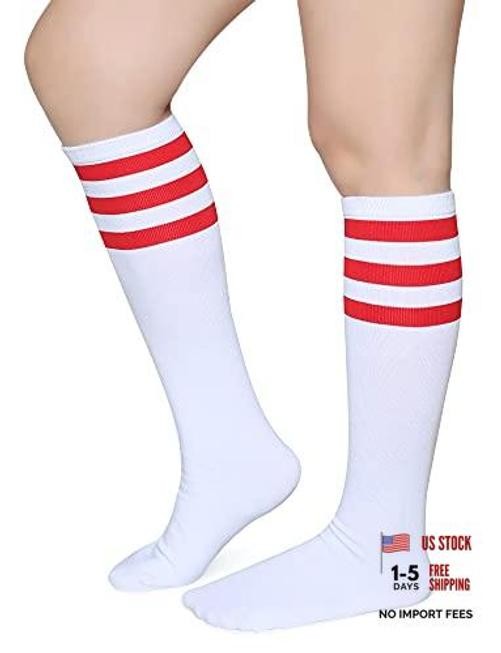 Triple Stripes Soft Cotton Knee High Tube Socks for Men and One Size Red/White