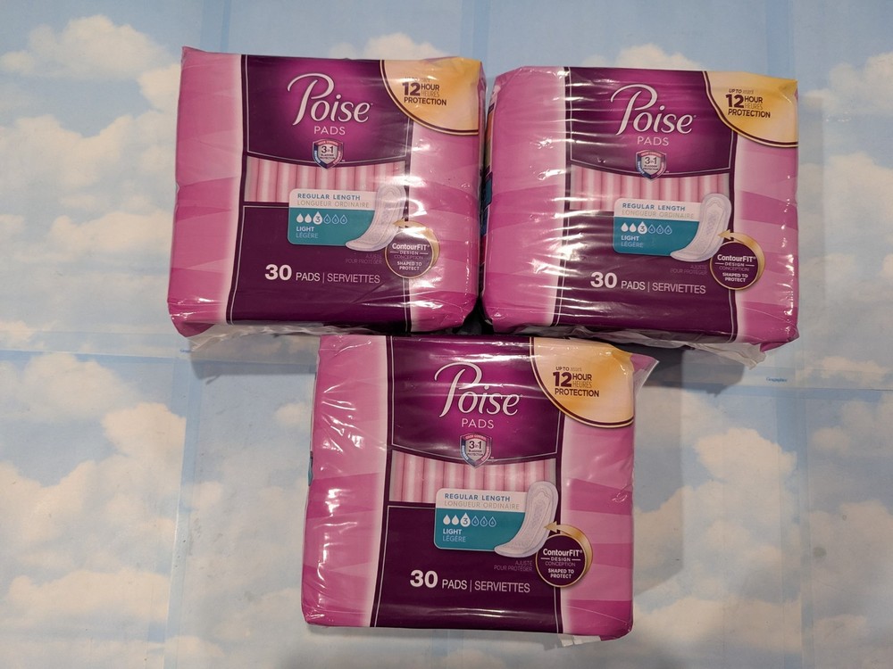LOT (3) POISE PADS REGULAR LENGTH LIGHT ABSORBENCY CONTOURFIT DESIGN 30 PADS EA
