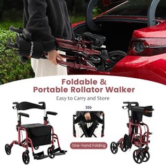Costway Folding Rollator Walker w/Seat & 8″ Wheels Supports up to 300 lbs Red