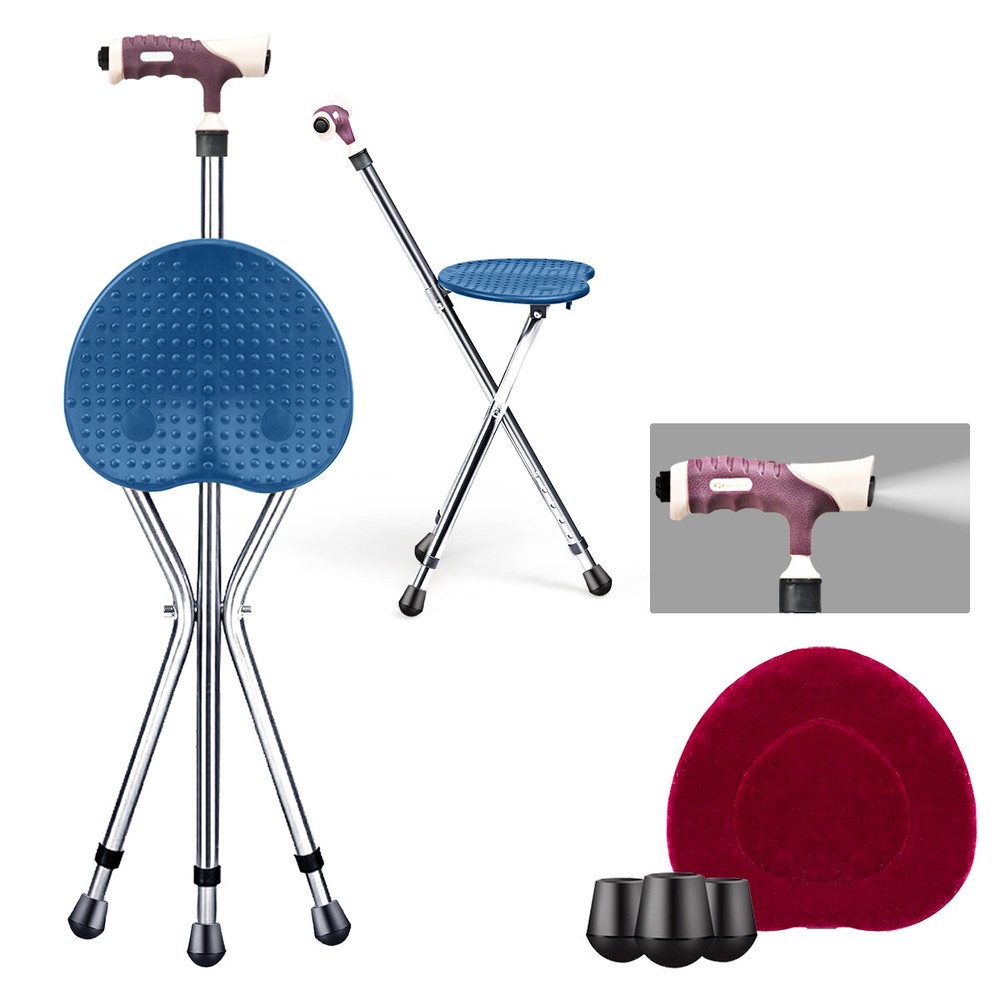 Adjustable Folding Cane Seat Aluminum Alloy Crutch Chair with Light Blue