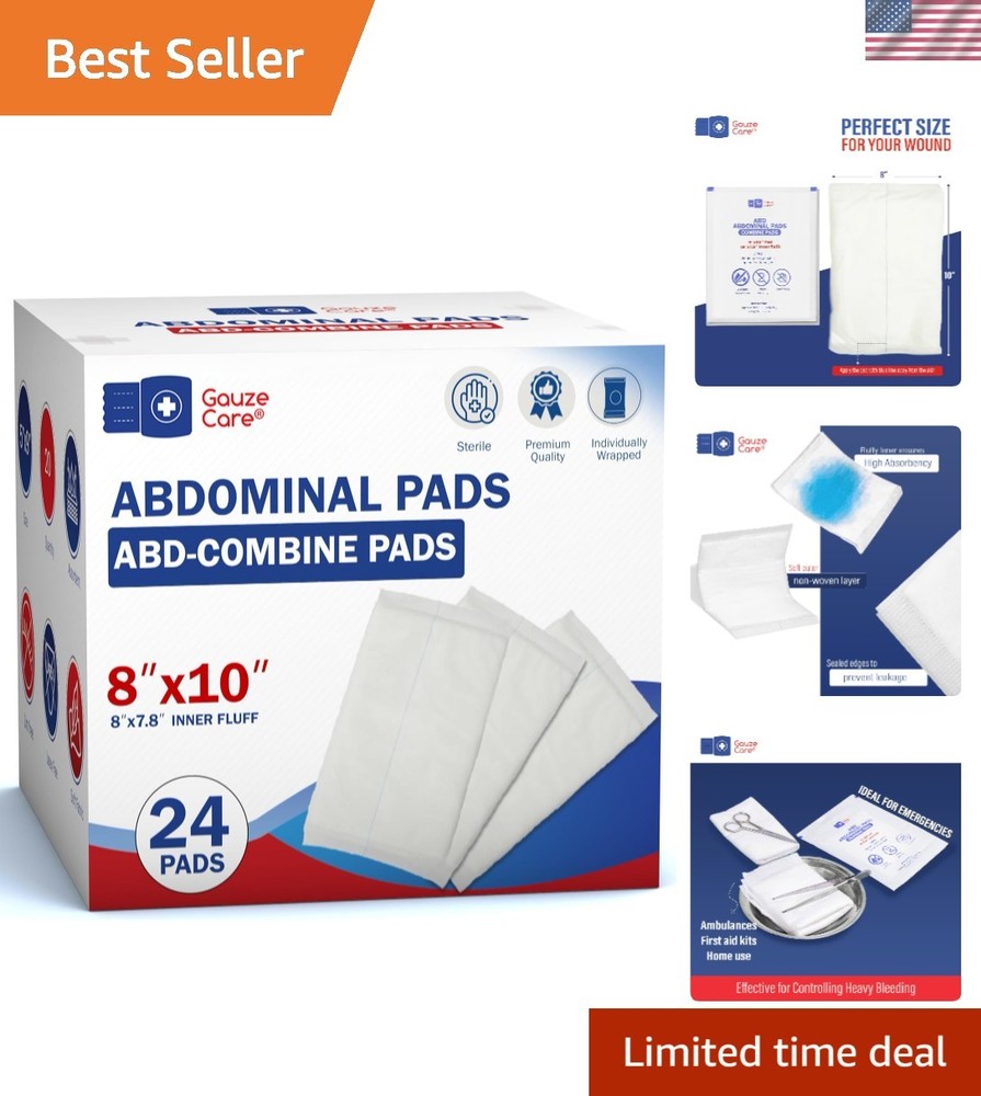 Heavy Leakage Protection: Surgical-Grade 8×10 ABD Pads, 24-Pack for Post Op Care