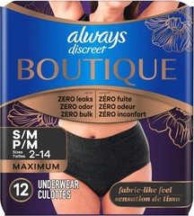 12-Count Always Discreet Incontinence Underwear SMALL/MEDIUM Black Protection