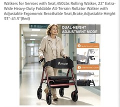 Heavy Duty Rollator Walker With Seat 450 Lb Capacity 12″ All Terrain Wheels RED