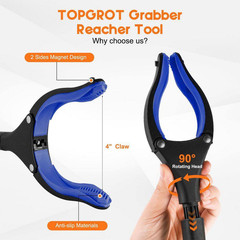 34 In. Foldable Reacher Grabber Tool with 90° Rotating Anti-Slip Jaw Magnet 4 In