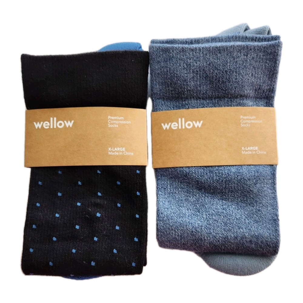 2 Wellow Premium Bamboo Compression Socks Size X-LARGE Black Cobalt Dot Blue Stl