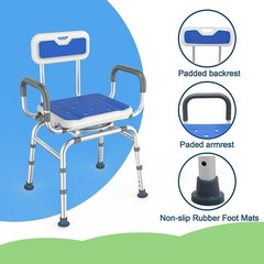 360 ° Swivel Shower Chair with Padded Armrests and Backrest Adjustable Height