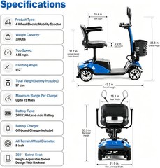 4 Wheel Mobility Scooter for Adults Seniors 350W Electric Travel Scooter 350lbs